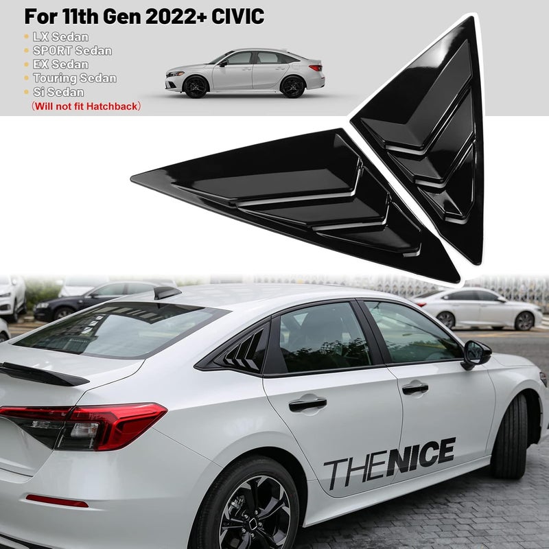 Thenice for 11th Gen Civic Rear Side Window Louvers Racing Style Triangular Window Glass Blinds for Honda Civic Sedan 2022 2023 2024 2025 2026 -Piano Black - Image 2